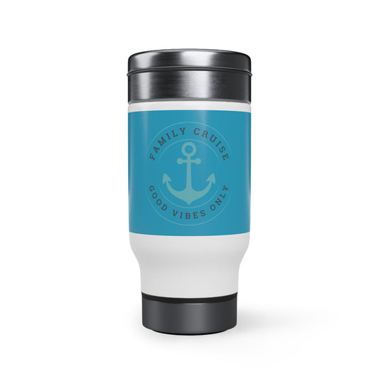 Family Cruise Good Vibes - Blue Stainless Steel Travel Mug with Handle, 14oz